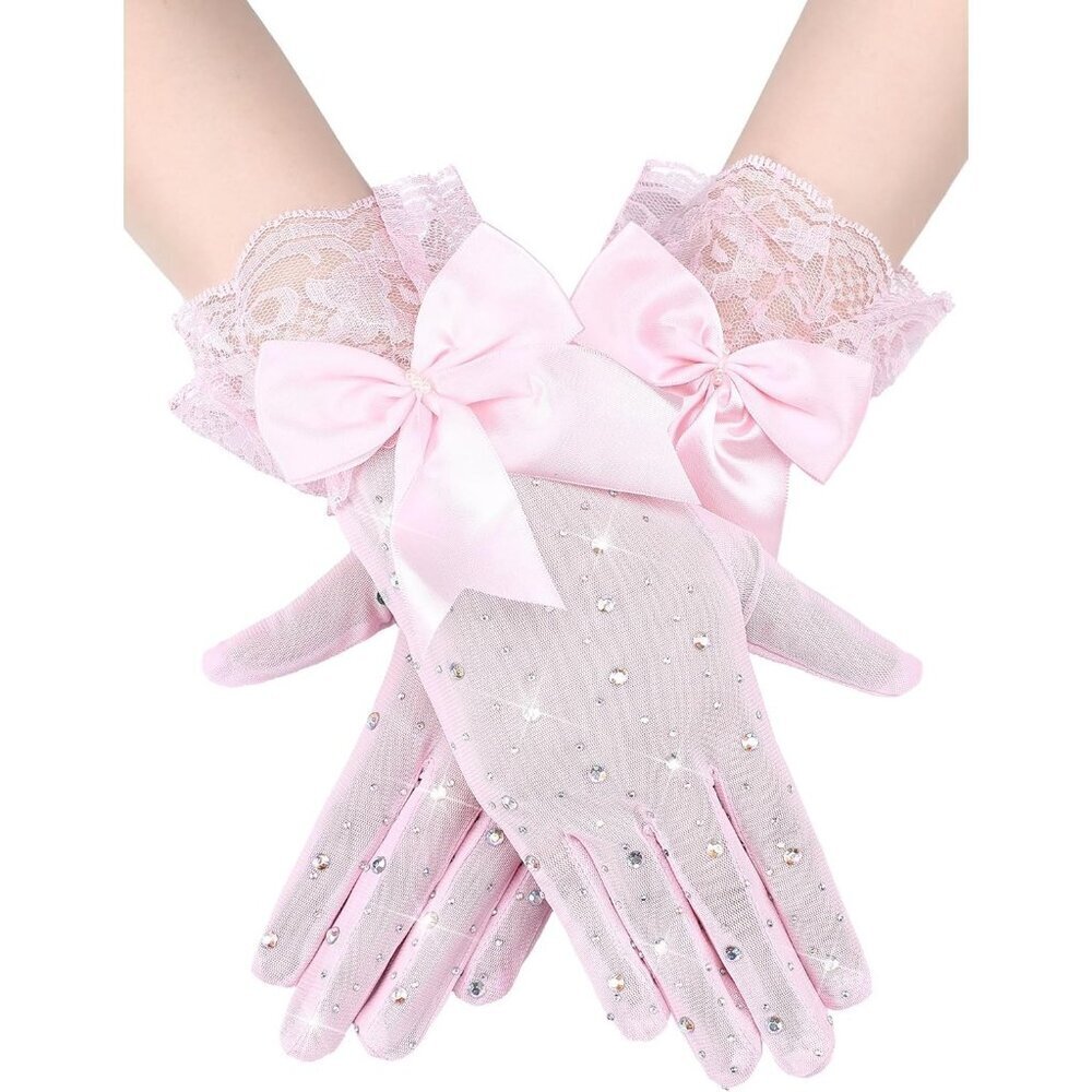 Women's Evening Rhinestones Pink Short Lace Bow Gloves Accessories Halloween